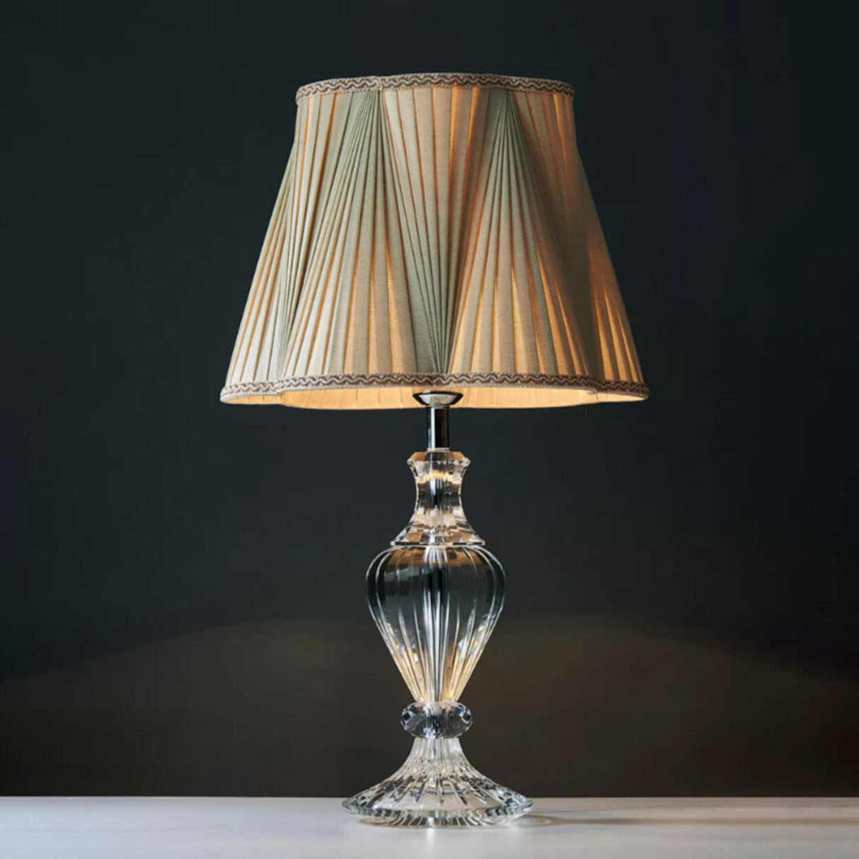 Elegant Light Green Pleated Shade Crystal Table Lamp Image - 12
