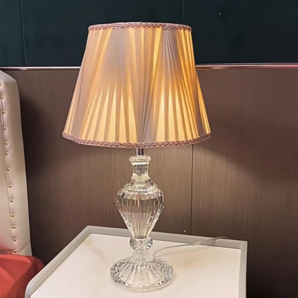 Elegant Light Green Pleated Shade Crystal Table Lamp Image - 2
