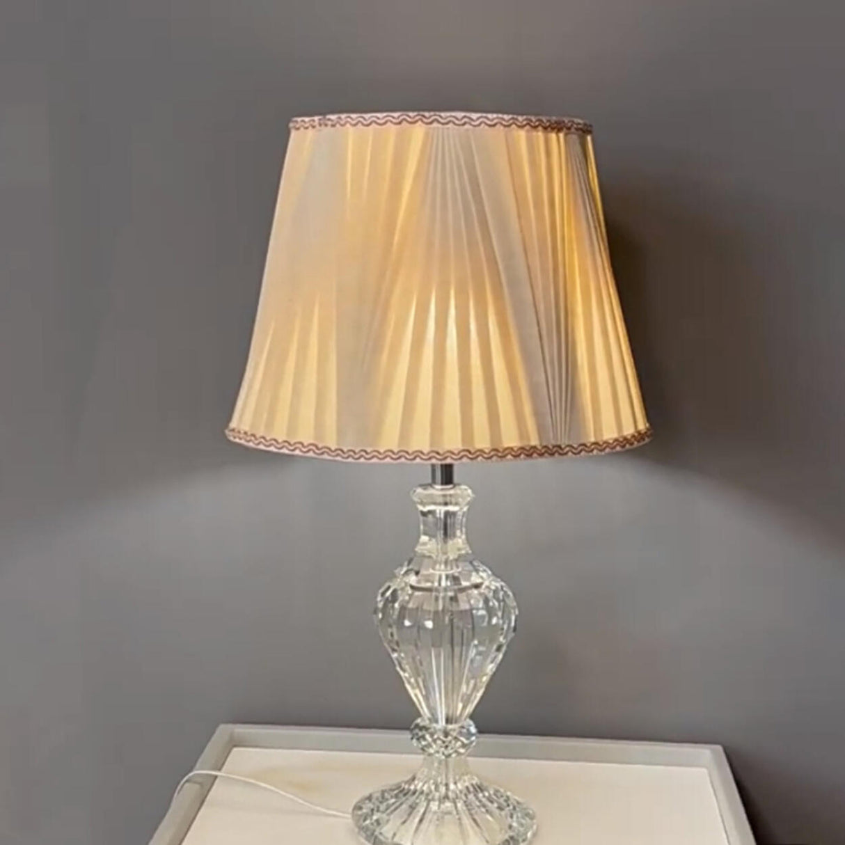 Elegant Light Green Pleated Shade Crystal Table Lamp Image - 3