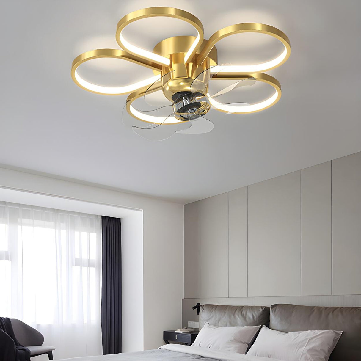Elegant Linear Flower Metal Ceiling Fan with LED Light Image - 12