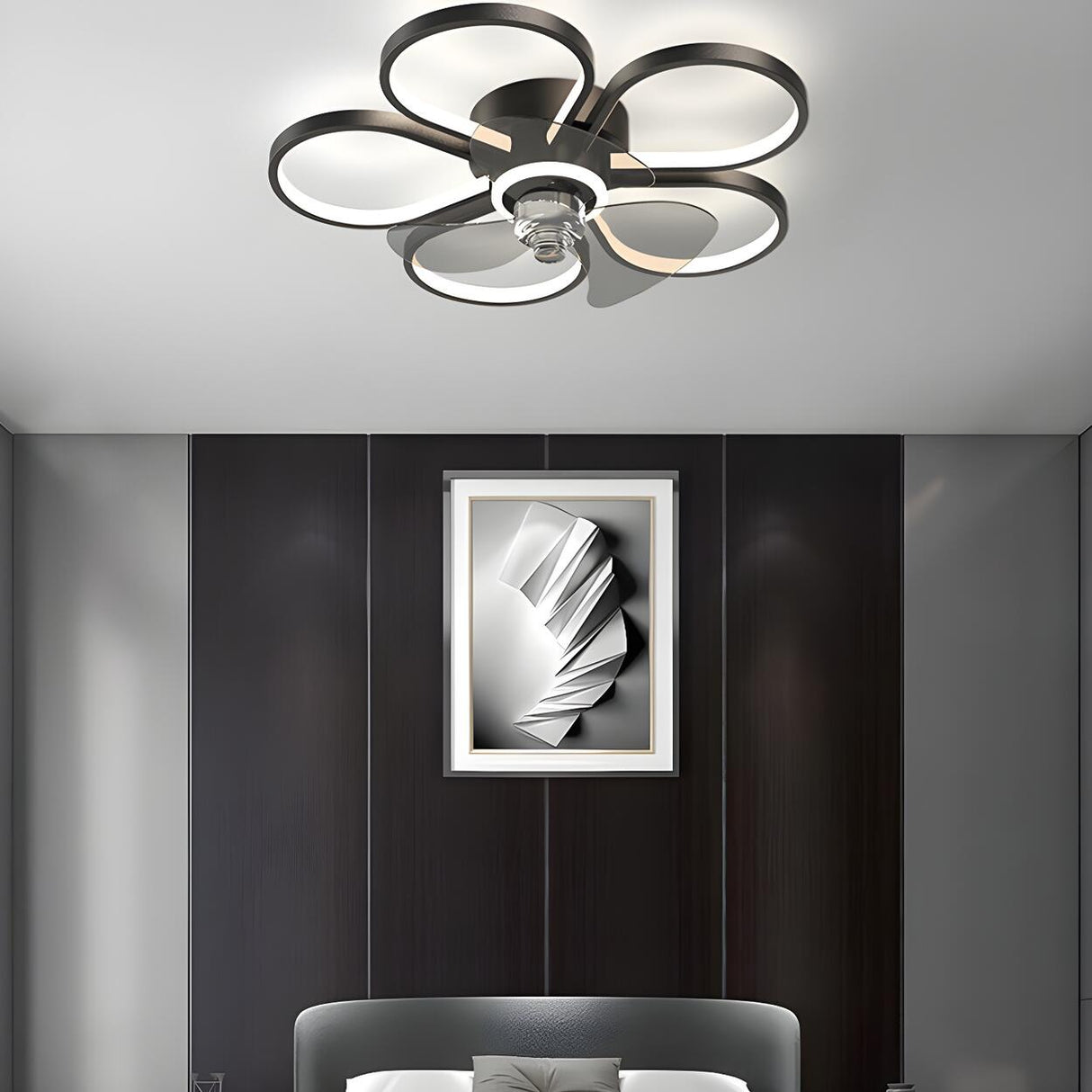 Elegant Linear Flower Metal Ceiling Fan with LED Light Image - 13