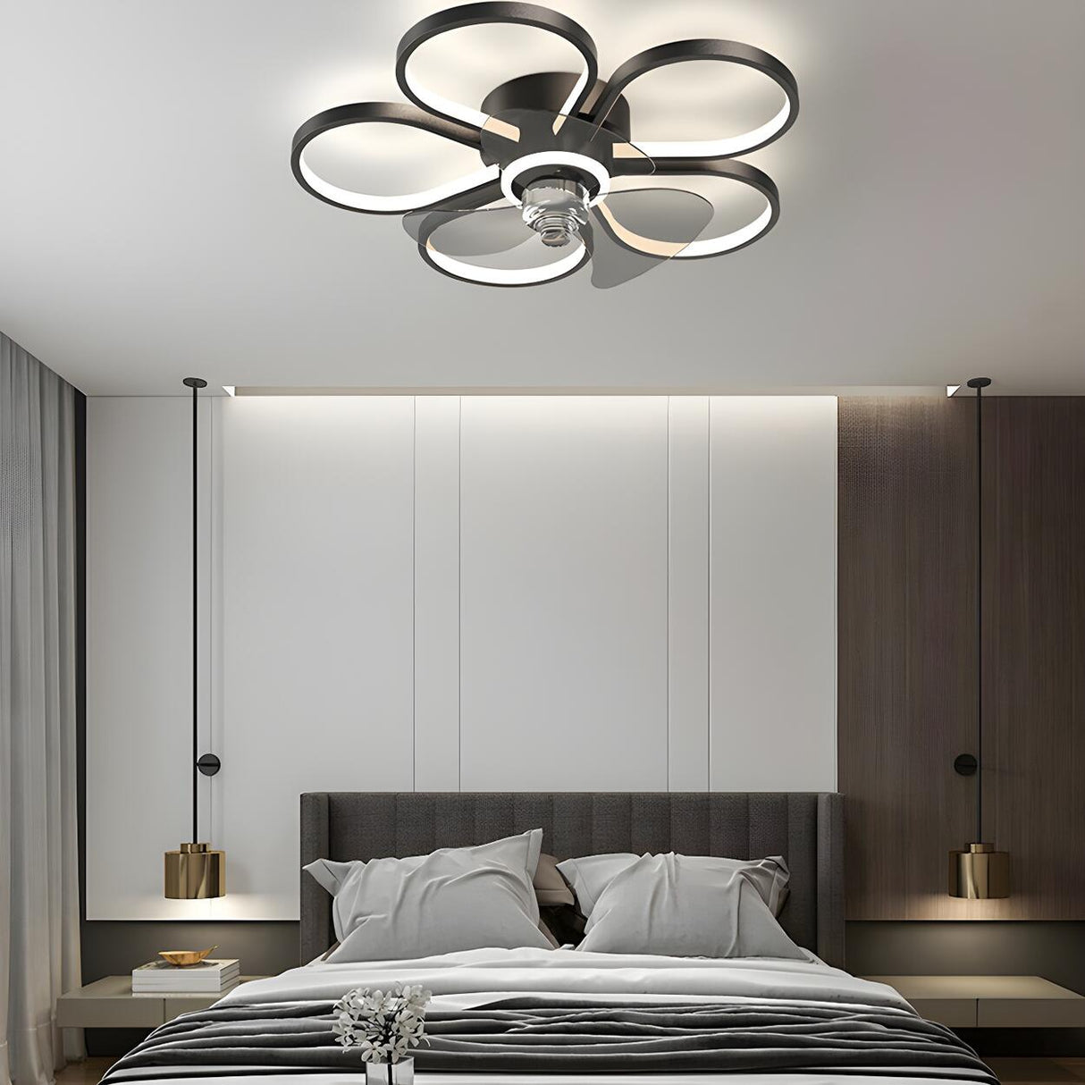 Elegant Linear Flower Metal Ceiling Fan with LED Light Image - 14