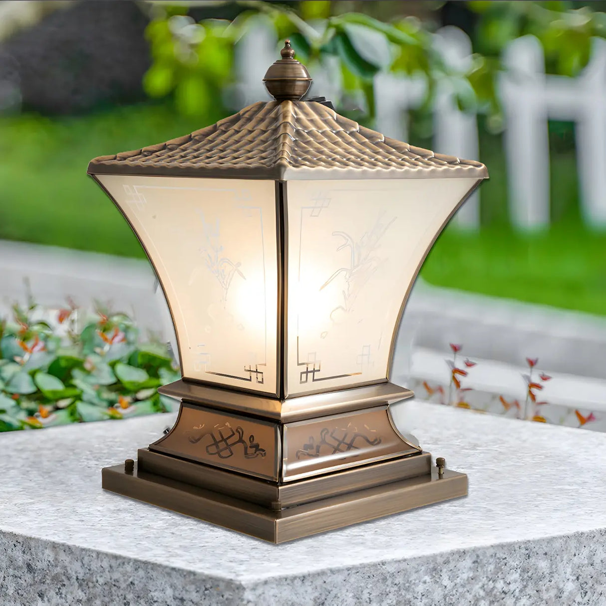 Elegant Metal Bronze Finish Lantern Outdoor Table Lamp Image - 4
