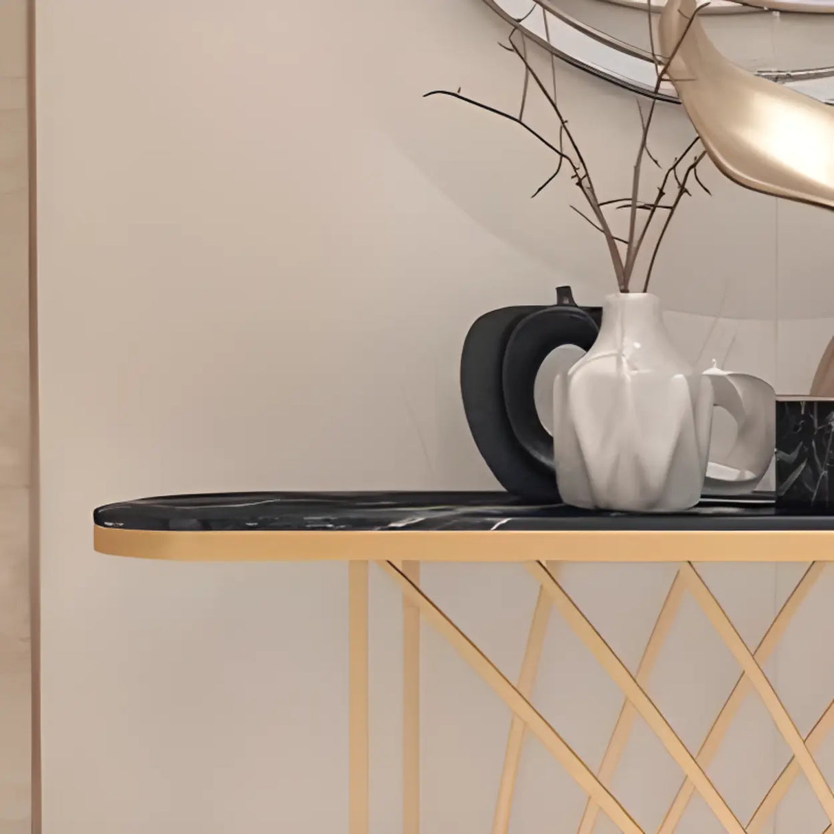 Elegant Metal Oval Marble Gold Foyer Console Table Image - 10