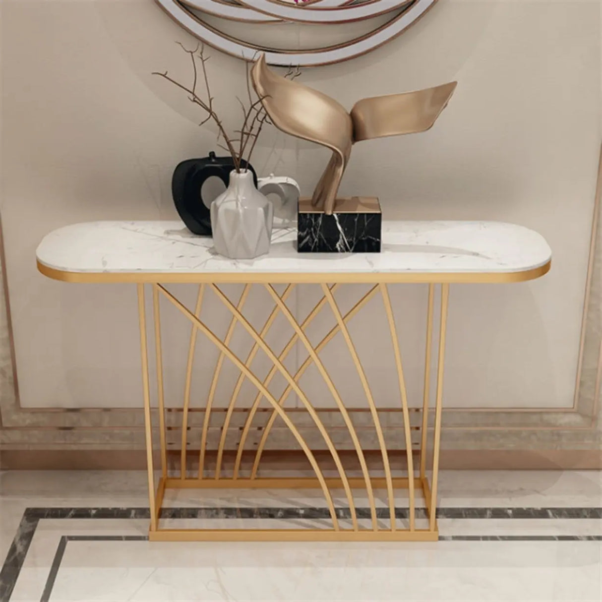 Elegant Metal Oval Marble Gold Foyer Console Table Image - 1
