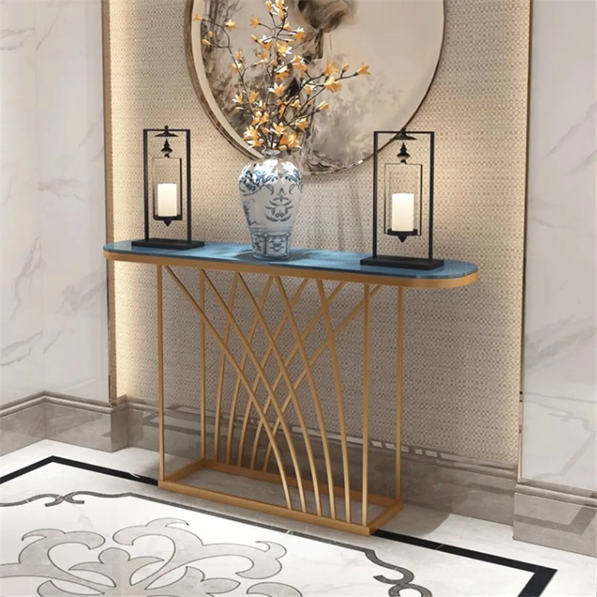 Elegant Metal Oval Marble Gold Foyer Console Table Image - 4