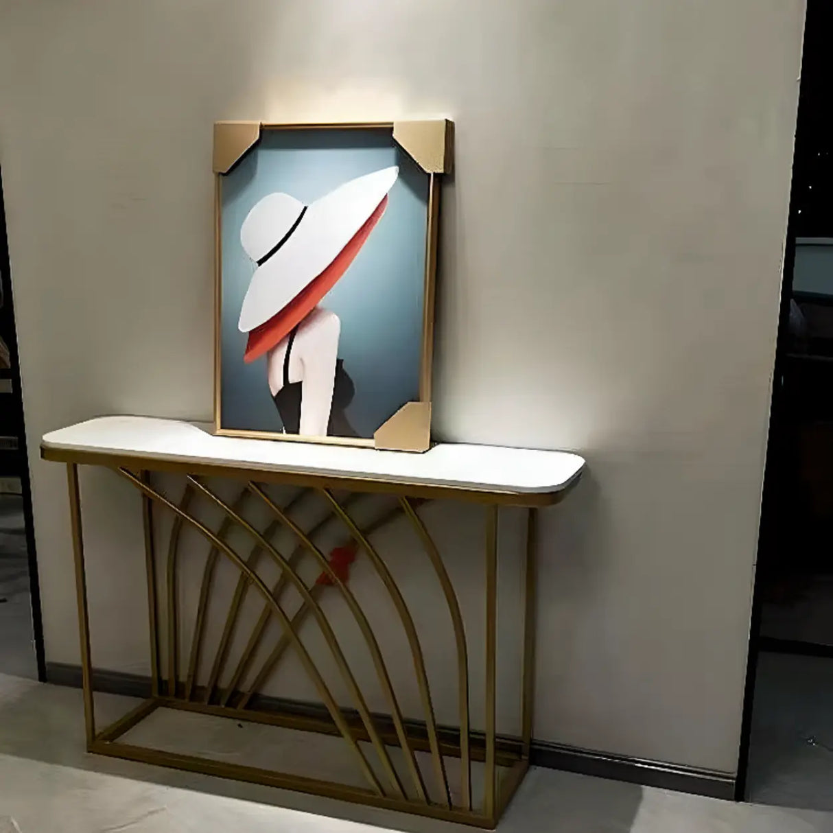 Elegant Metal Oval Marble Gold Foyer Console Table Image - 6