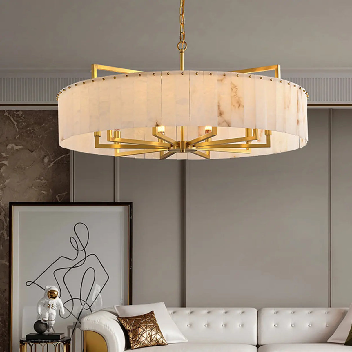 Elegant Modern Round White Stone Chandelier Living Room Image - 19