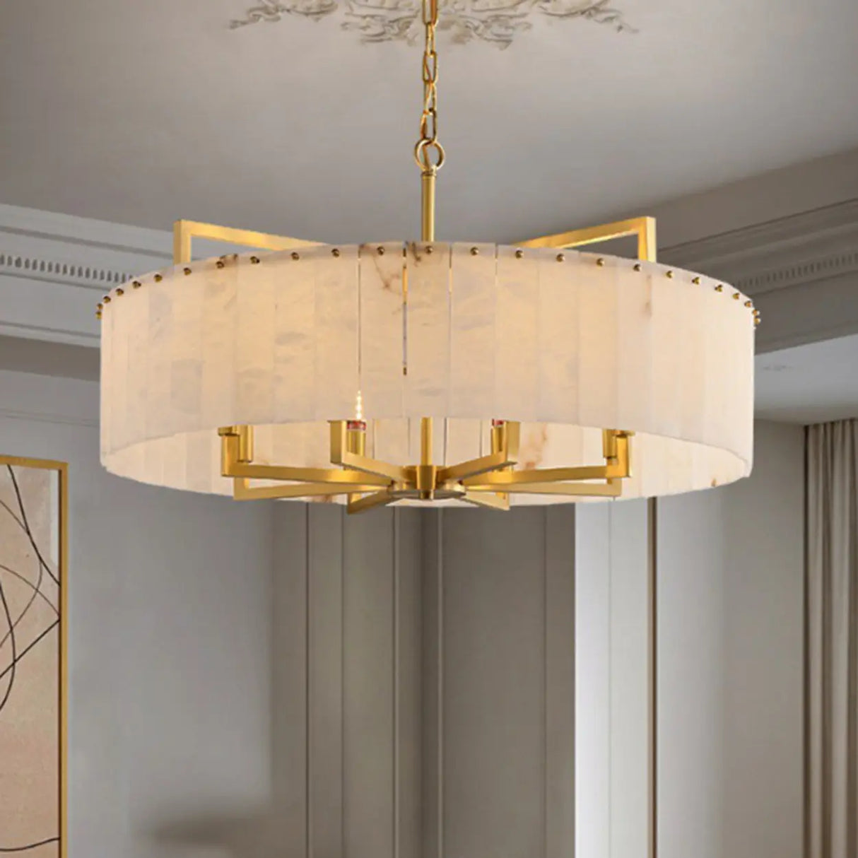 Elegant Modern Round White Stone Chandelier Living Room Image - 4