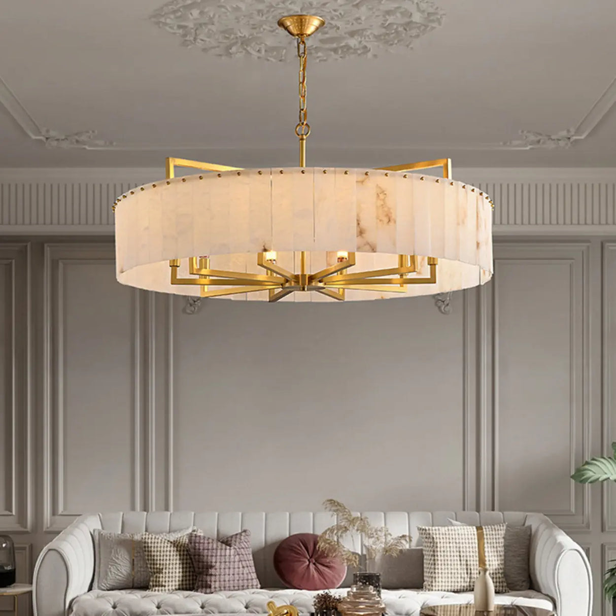 Elegant Modern Round White Stone Chandelier Living Room Image - 8