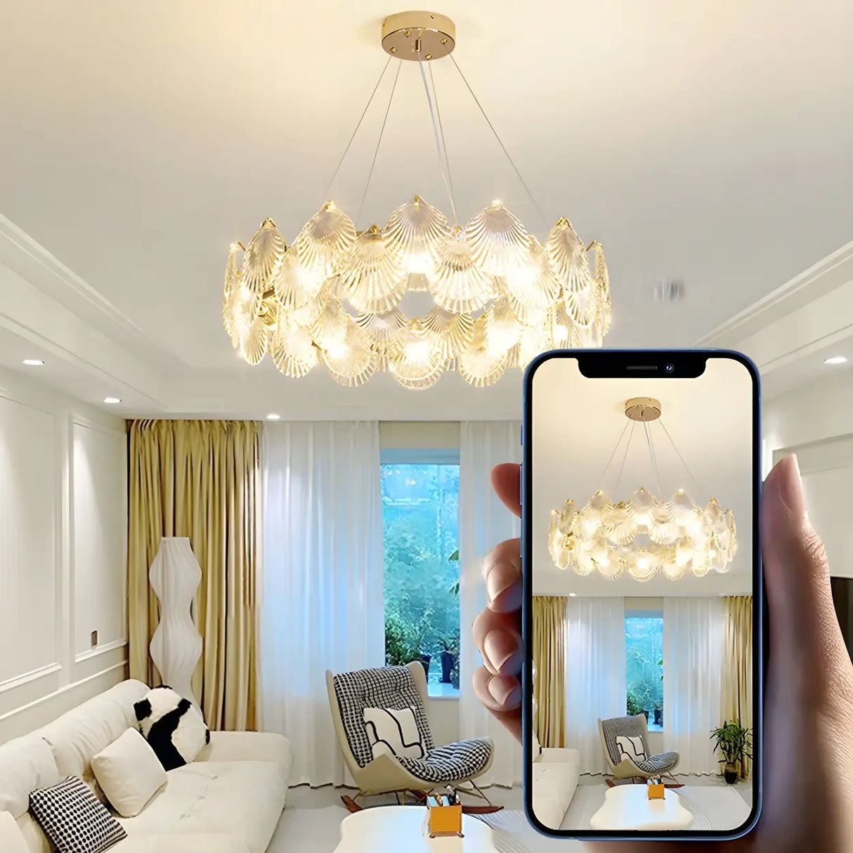 Elegant Modern Shell Clear Glass Circular Chandelier Bedroom Image - 12