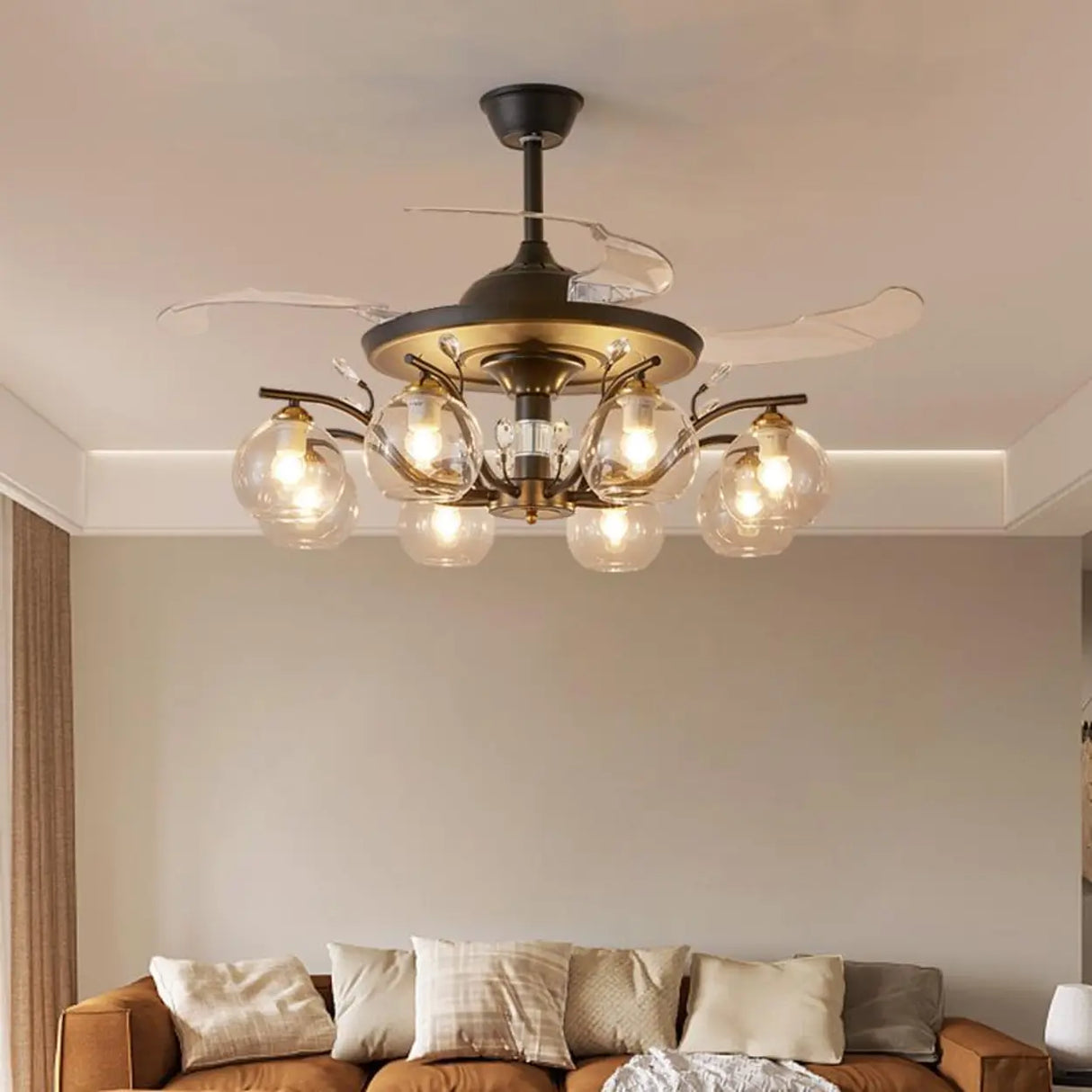 Elegant Multi-Light Glass Cover Chandelier Fan Lights Image - 2