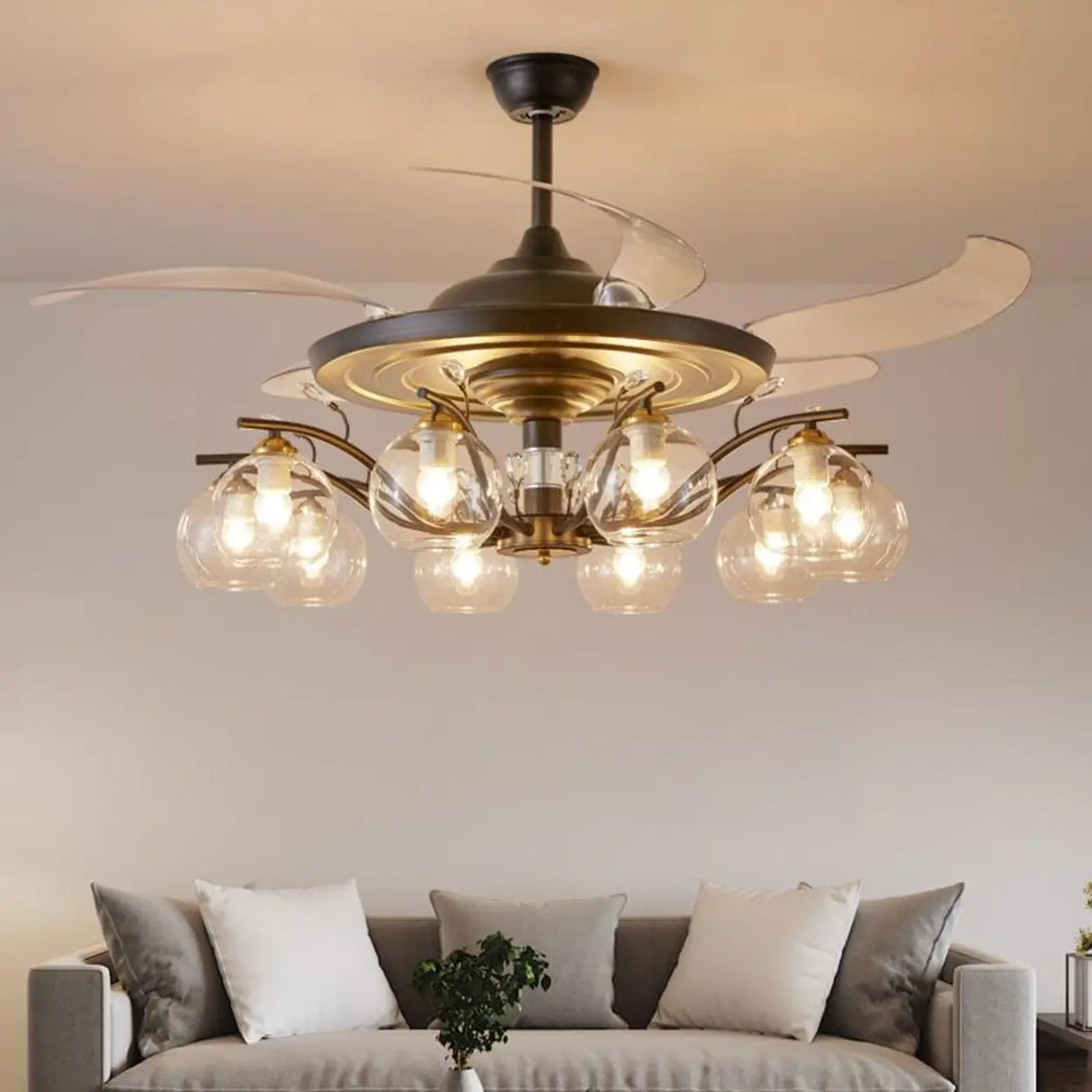 Elegant Multi-Light Glass Cover Chandelier Fan Lights Image - 4