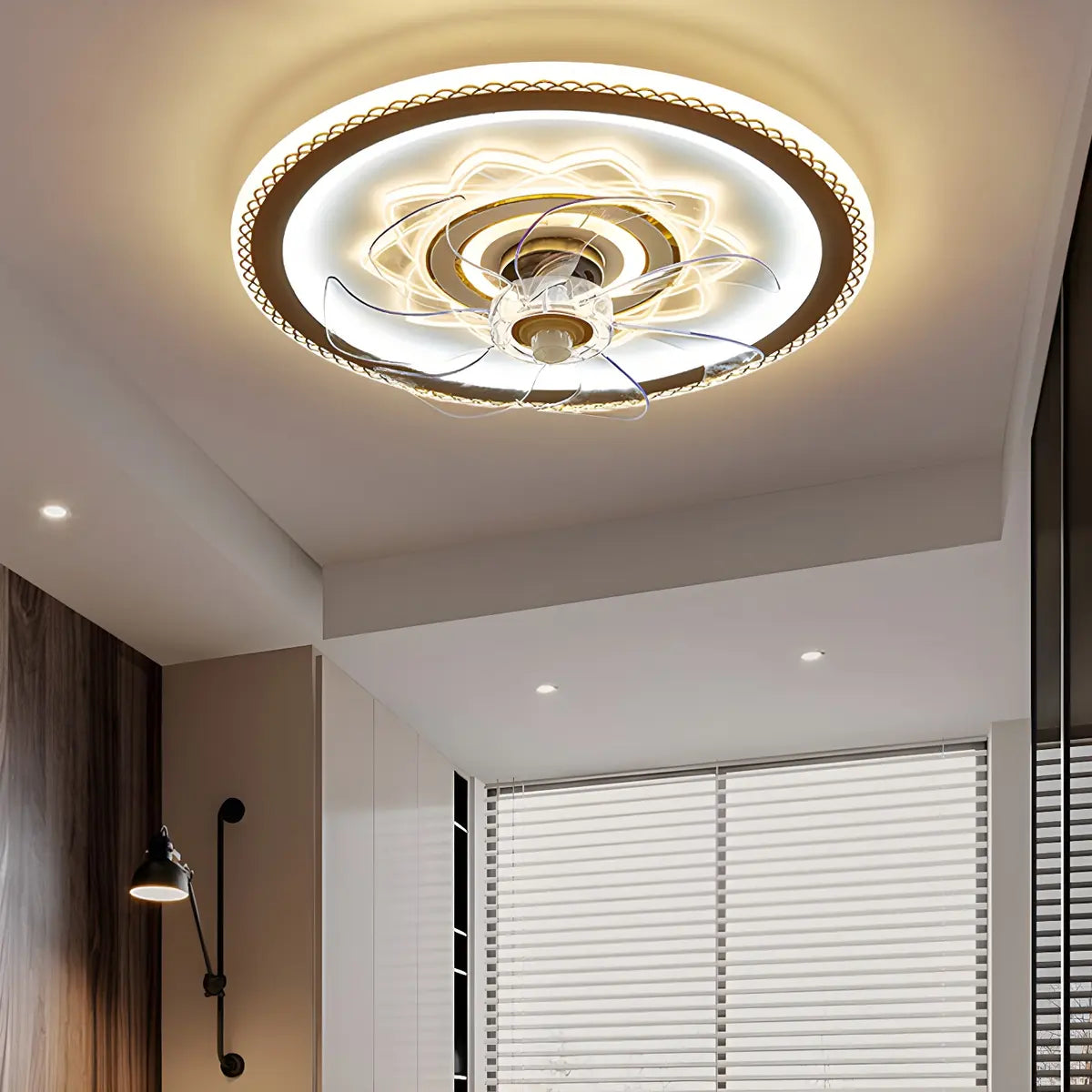 Elegant Pattern Round Flush Ceiling Fan with LED Light Image - 1
