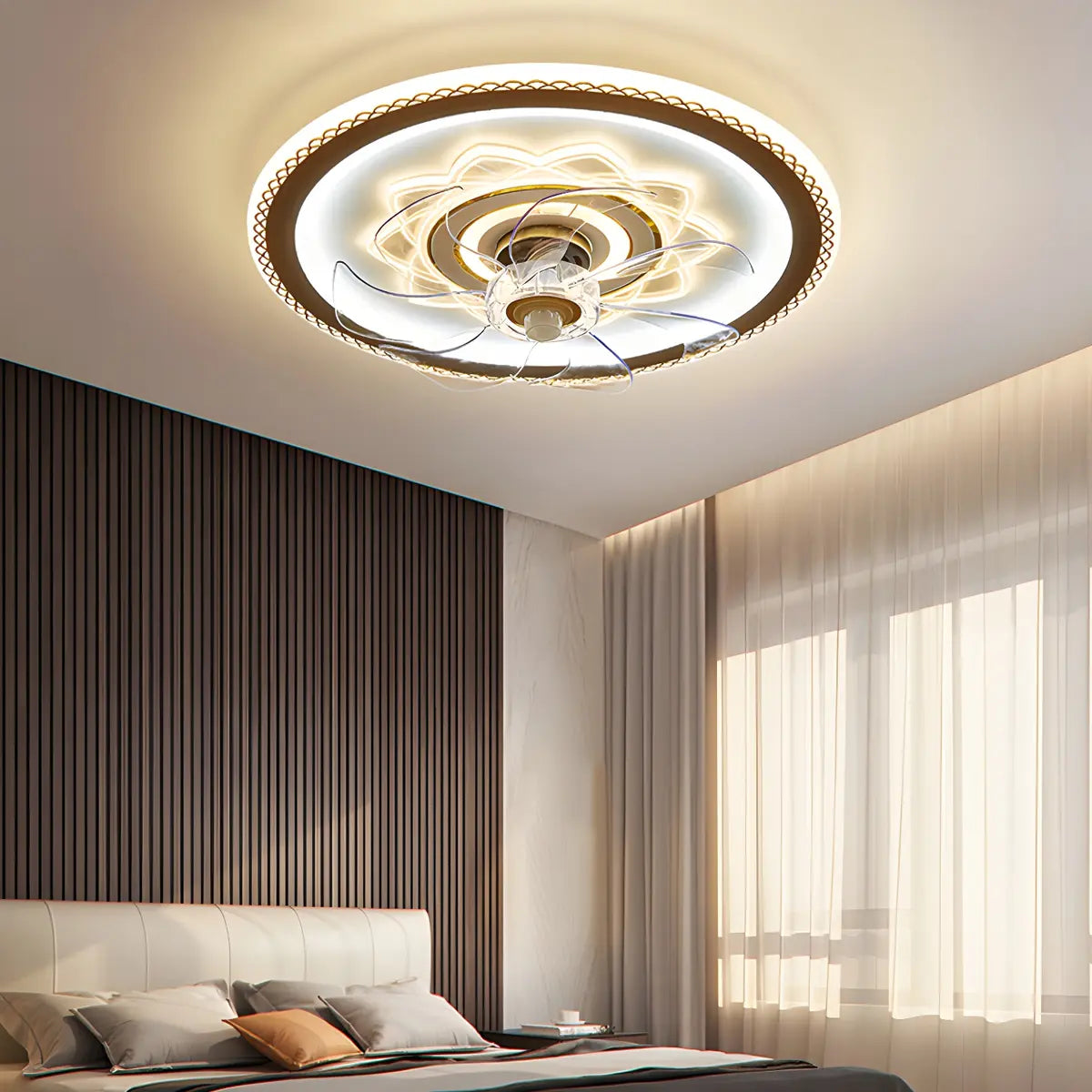 Elegant Pattern Round Flush Ceiling Fan with LED Light Image - 13