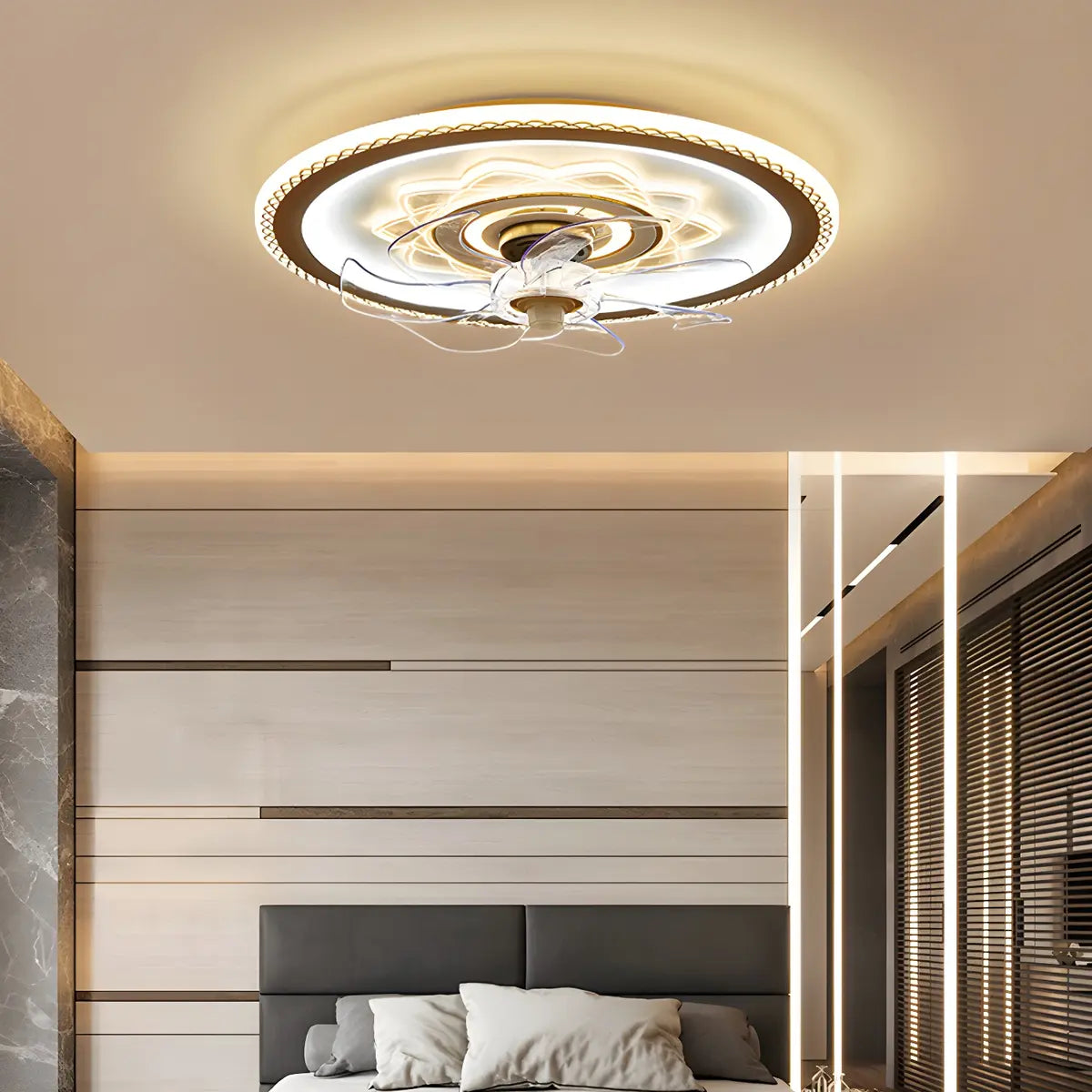 Elegant Pattern Round Flush Ceiling Fan with LED Light Image - 14