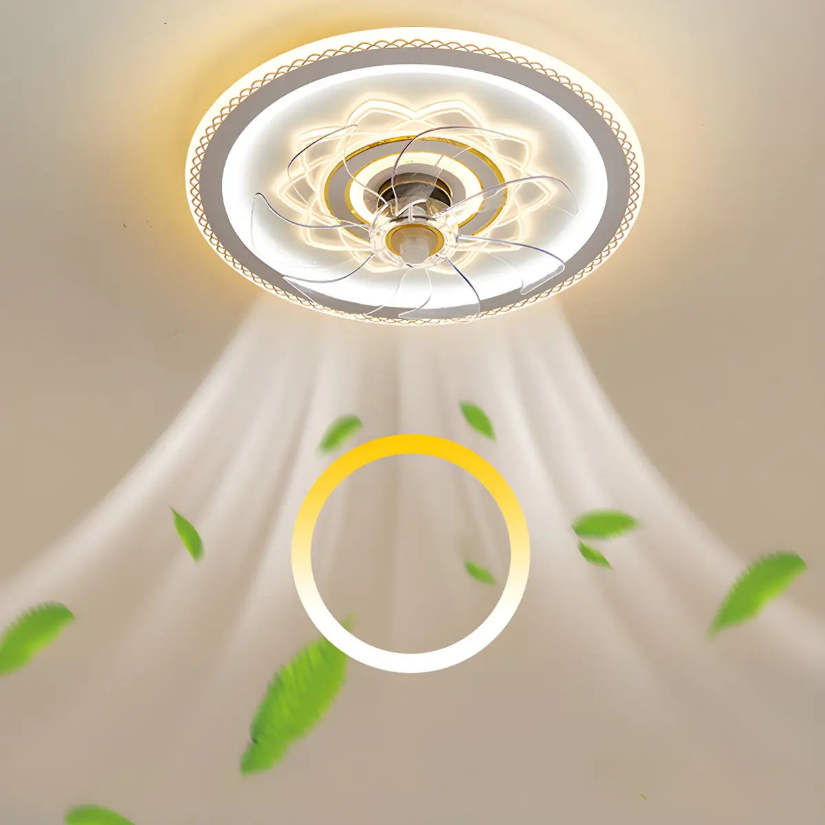 Elegant Pattern Round Flush Ceiling Fan with LED Light Image - 15