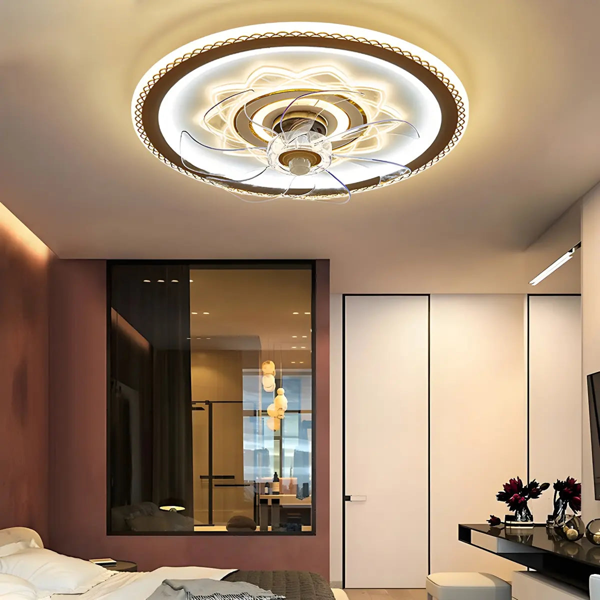 Elegant Pattern Round Flush Ceiling Fan with LED Light Image - 2
