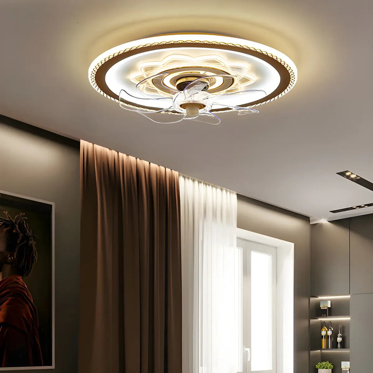 Elegant Pattern Round Flush Ceiling Fan with LED Light Image - 3
