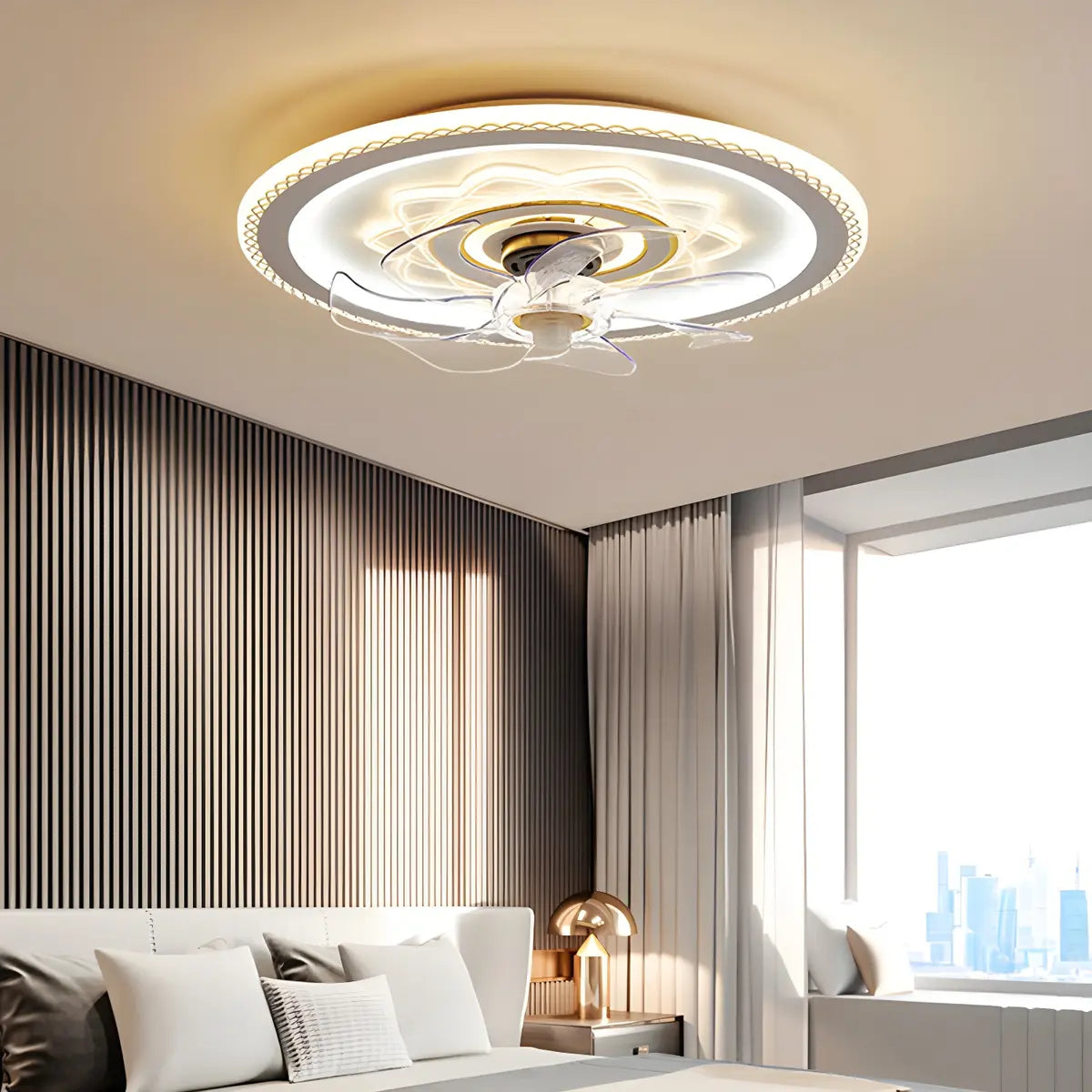 Elegant Pattern Round Flush Ceiling Fan with LED Light Image - 4