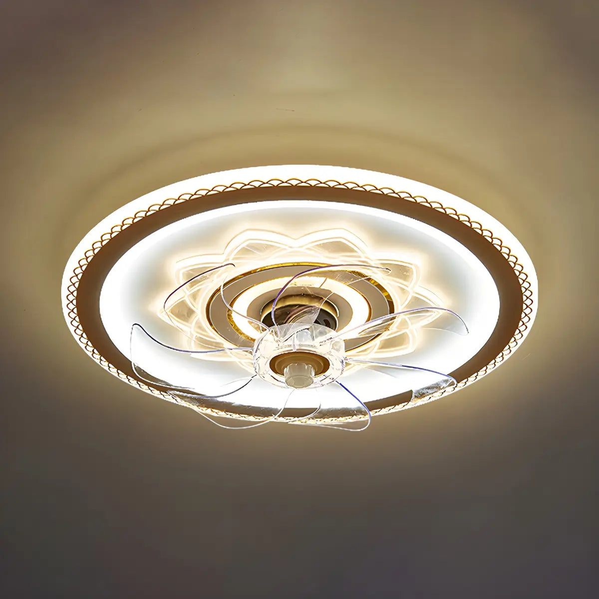 Elegant Pattern Round Flush Ceiling Fan with LED Light Image - 6