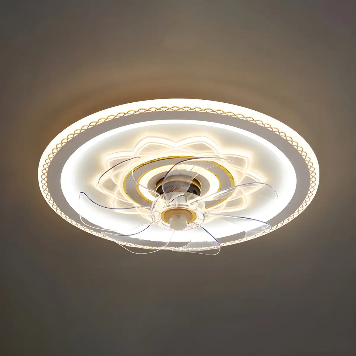 Elegant Pattern Round Flush Ceiling Fan with LED Light Image - 7