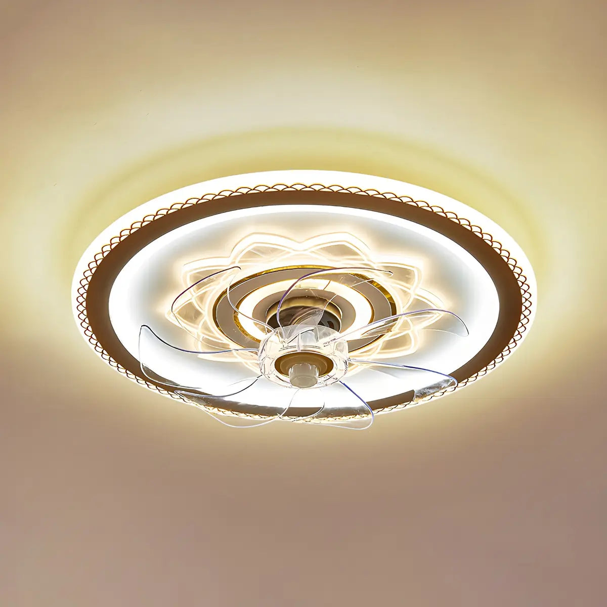 Elegant Pattern Round Flush Ceiling Fan with LED Light Image - 8
