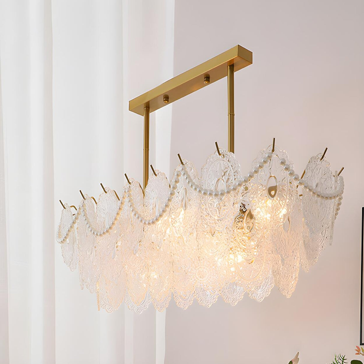 Elegant Pearl Carved Glass Island Chandelier Light Image - 1