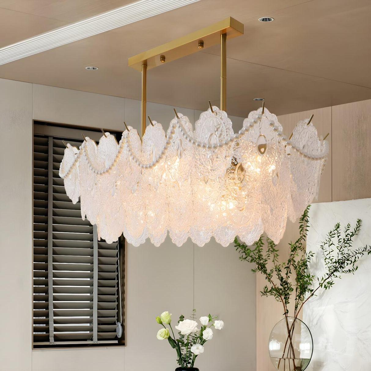 Elegant Pearl Carved Glass Island Chandelier Light Image - 12