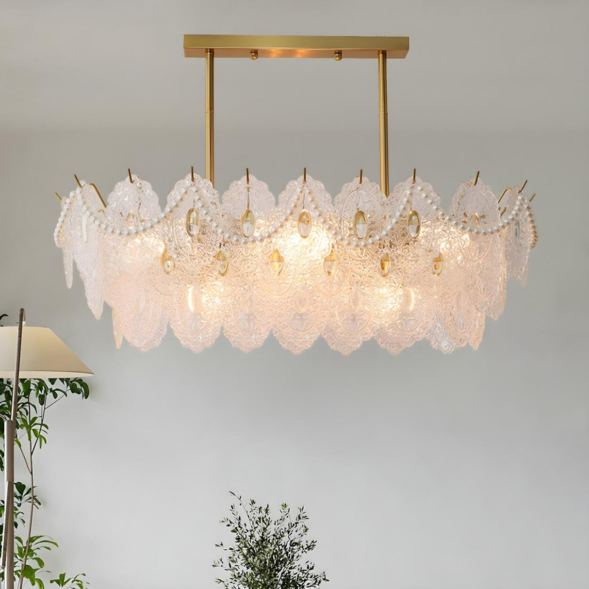 Elegant Pearl Carved Glass Island Chandelier Light Image - 13