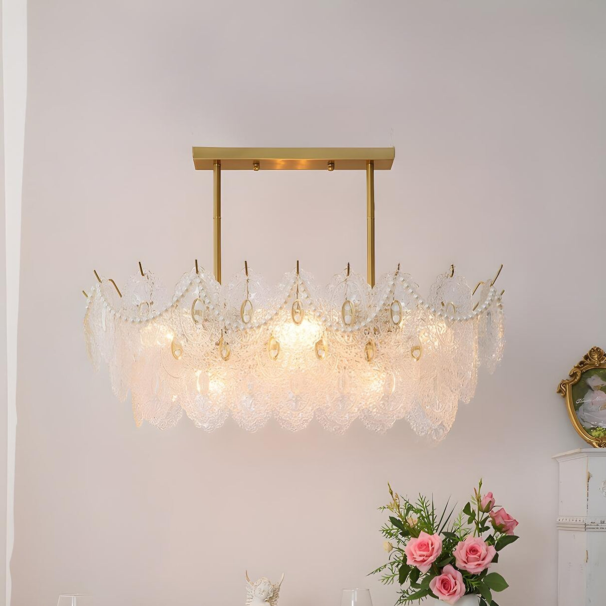 Elegant Pearl Carved Glass Island Chandelier Light Image - 2