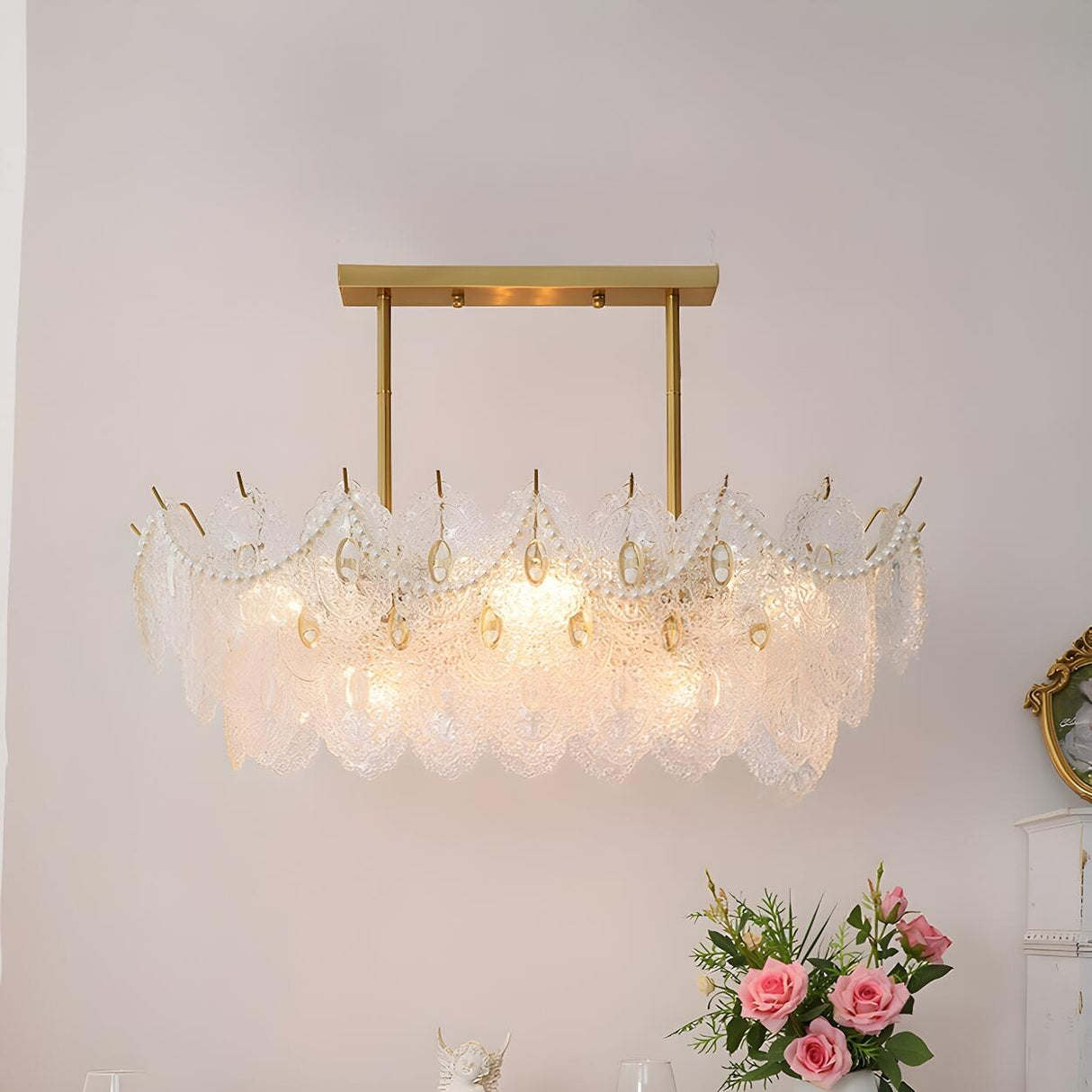 Elegant Pearl Carved Glass Island Chandelier Light Image - 3