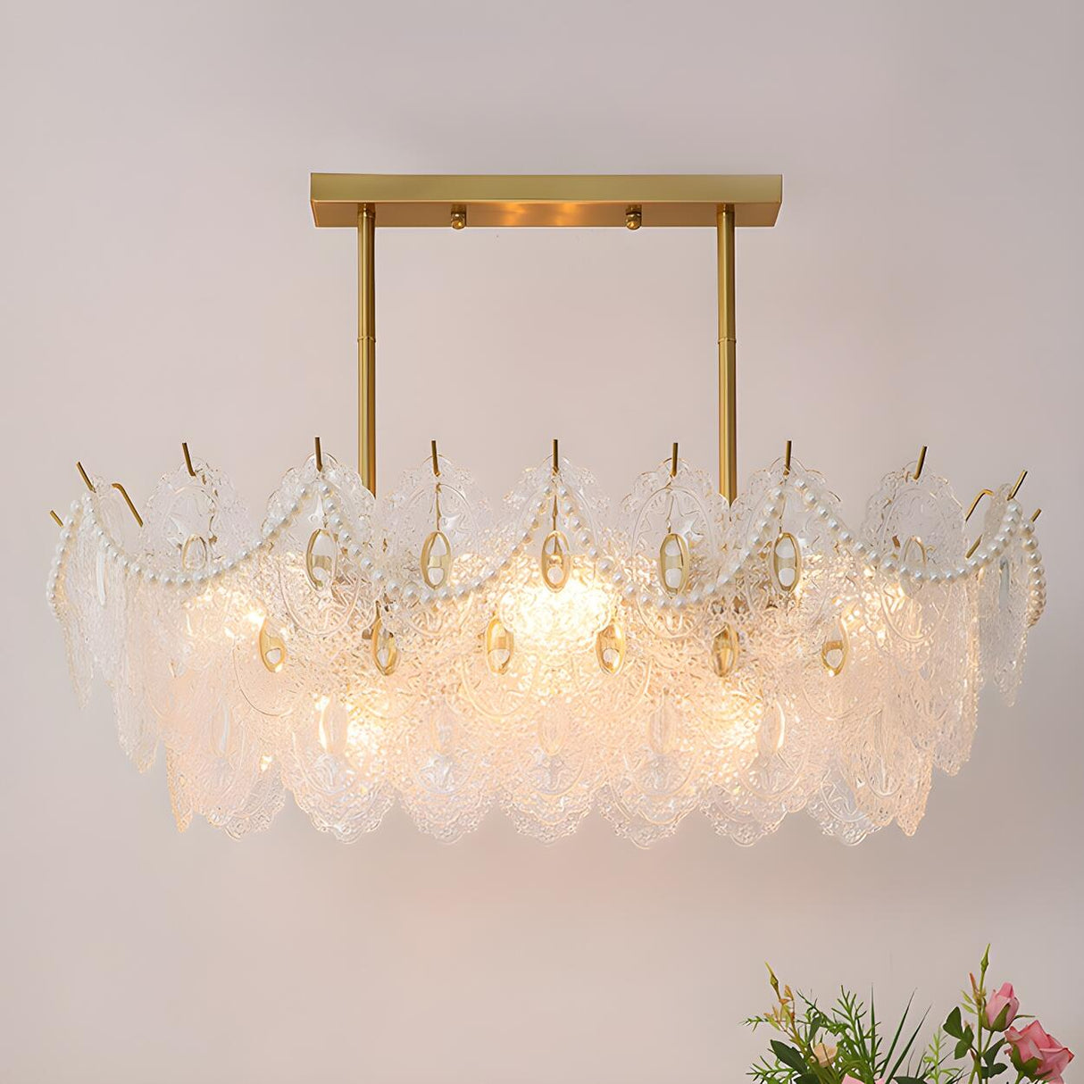 Elegant Pearl Carved Glass Island Chandelier Light Image - 4