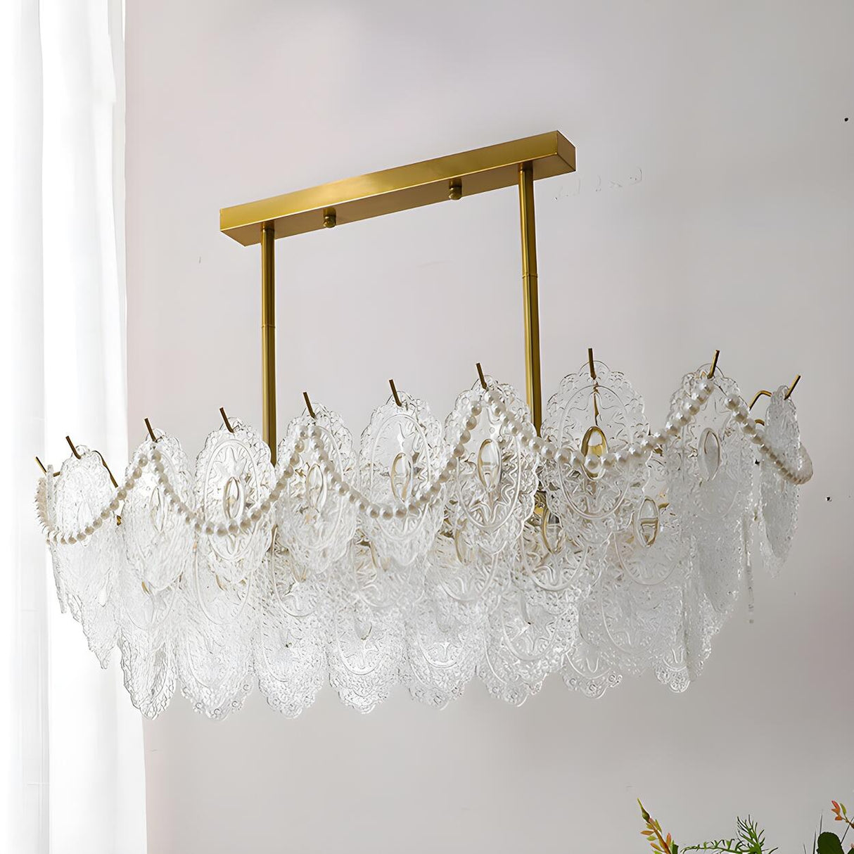 Elegant Pearl Carved Glass Island Chandelier Light Image - 5