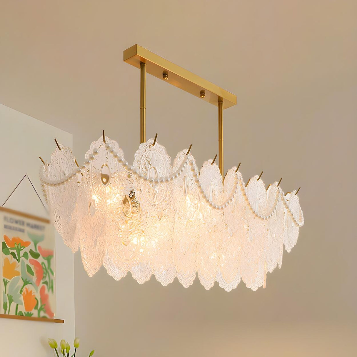 Elegant Pearl Carved Glass Island Chandelier Light Image - 6