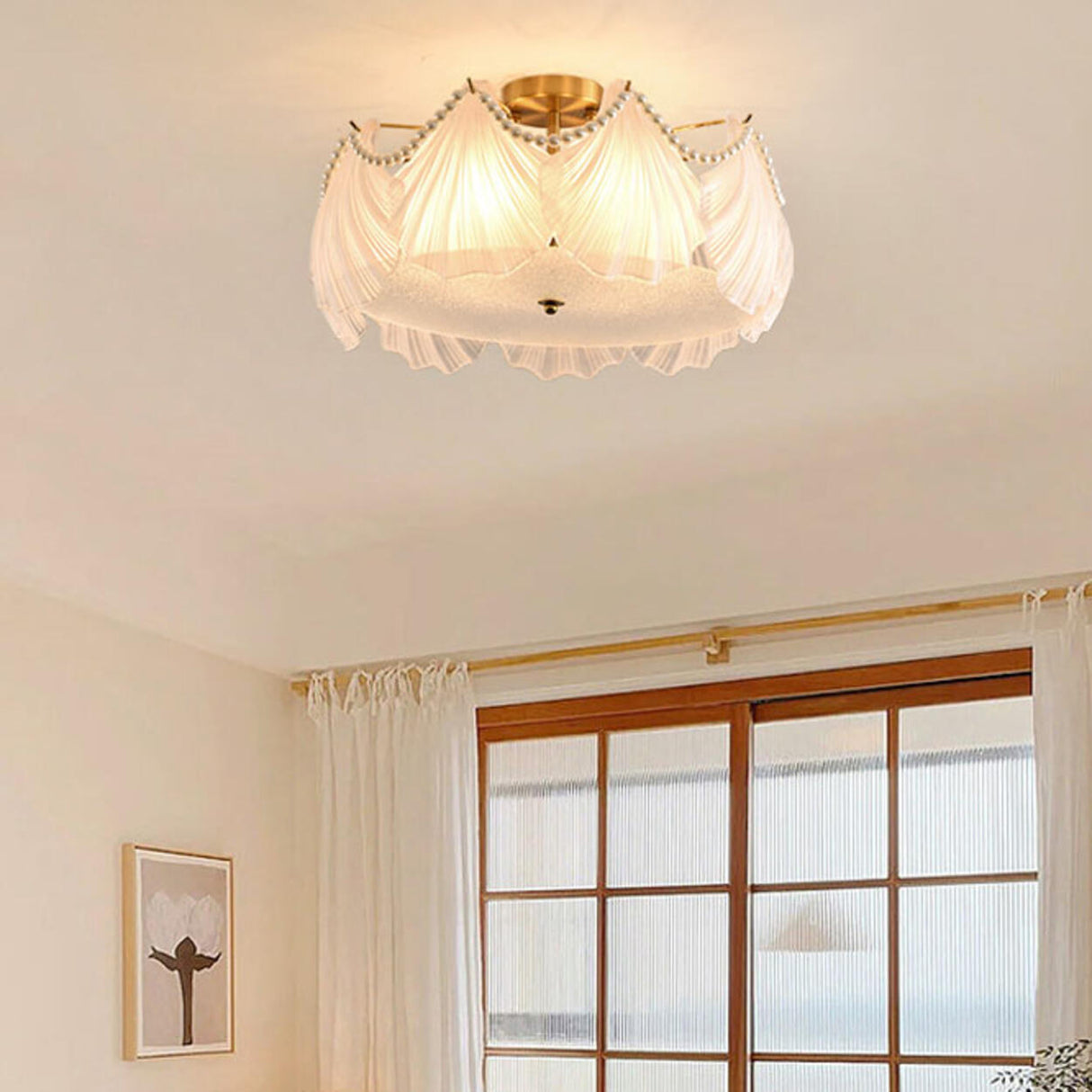 Elegant Pearl Shell Glass Semi-Flush Mount Ceiling Lamp Image - 1