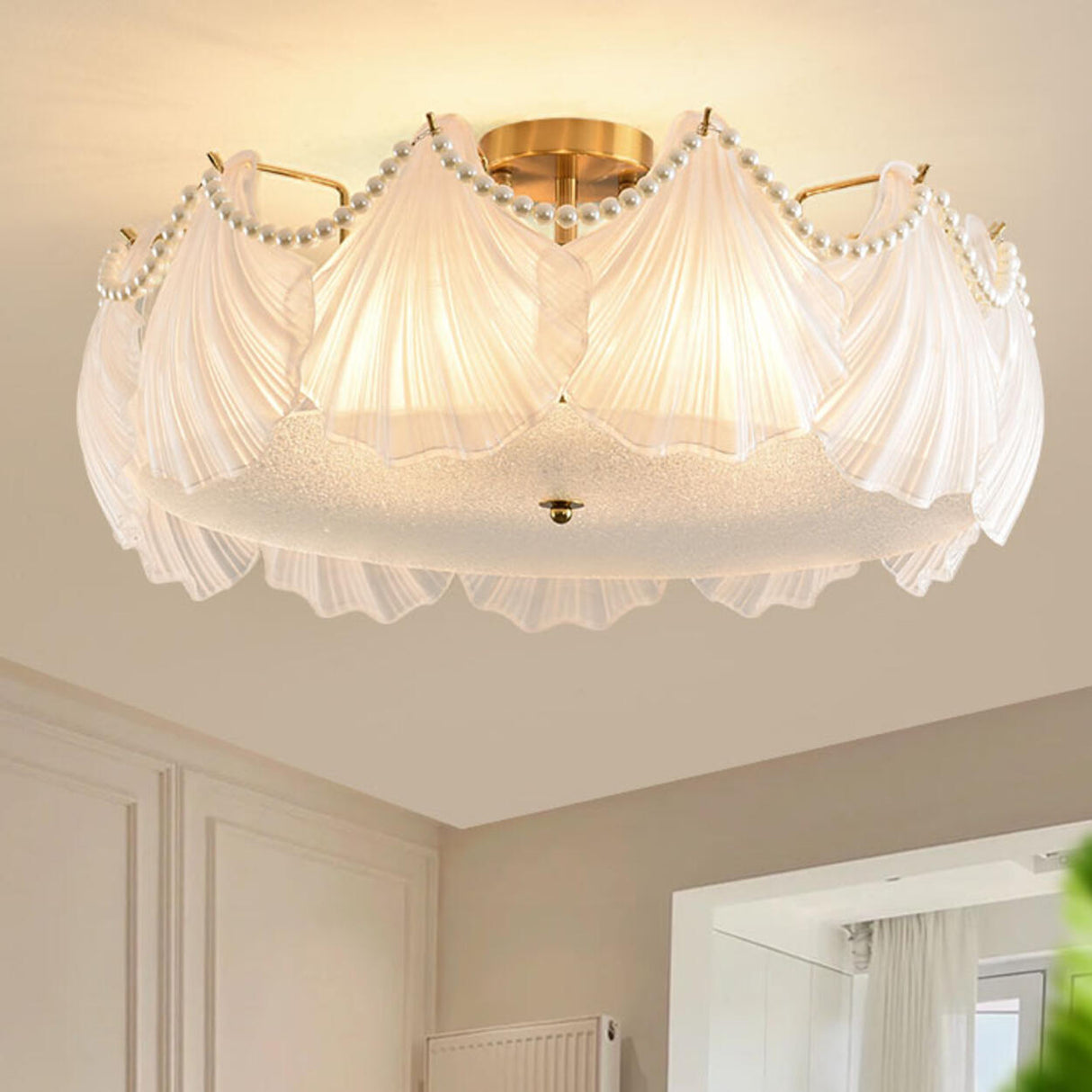 Elegant Pearl Shell Glass Semi-Flush Mount Ceiling Lamp Image - 2