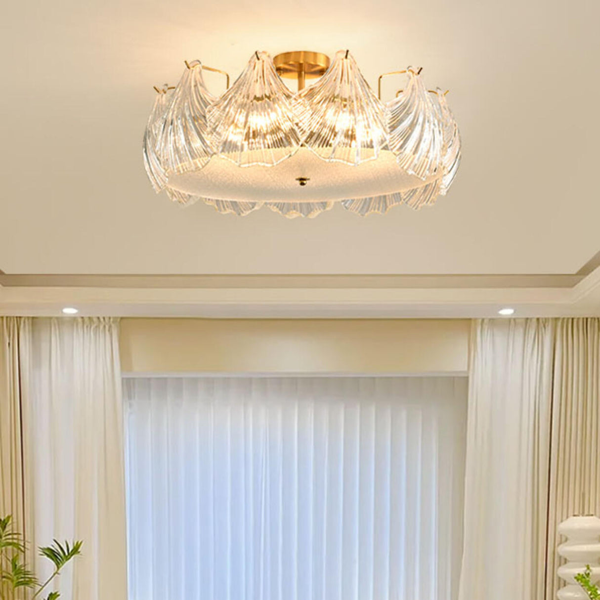 Elegant Pearl Shell Glass Semi-Flush Mount Ceiling Lamp Image - 4
