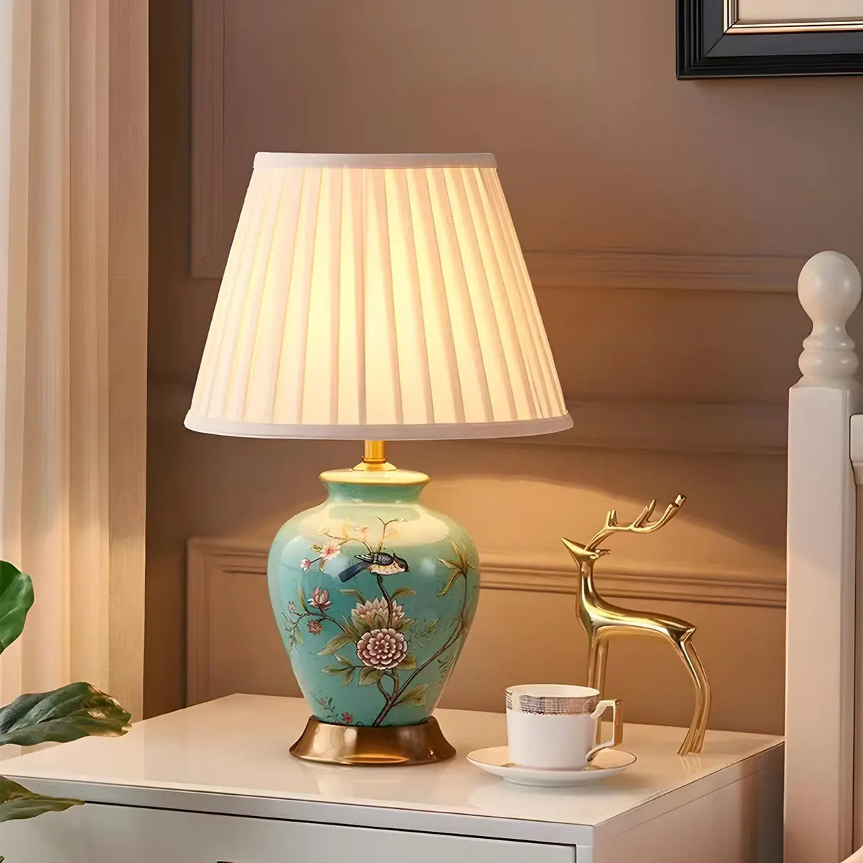 Elegant Pleated Fabric Floral Ceramic Base Table Lamp Image - 2