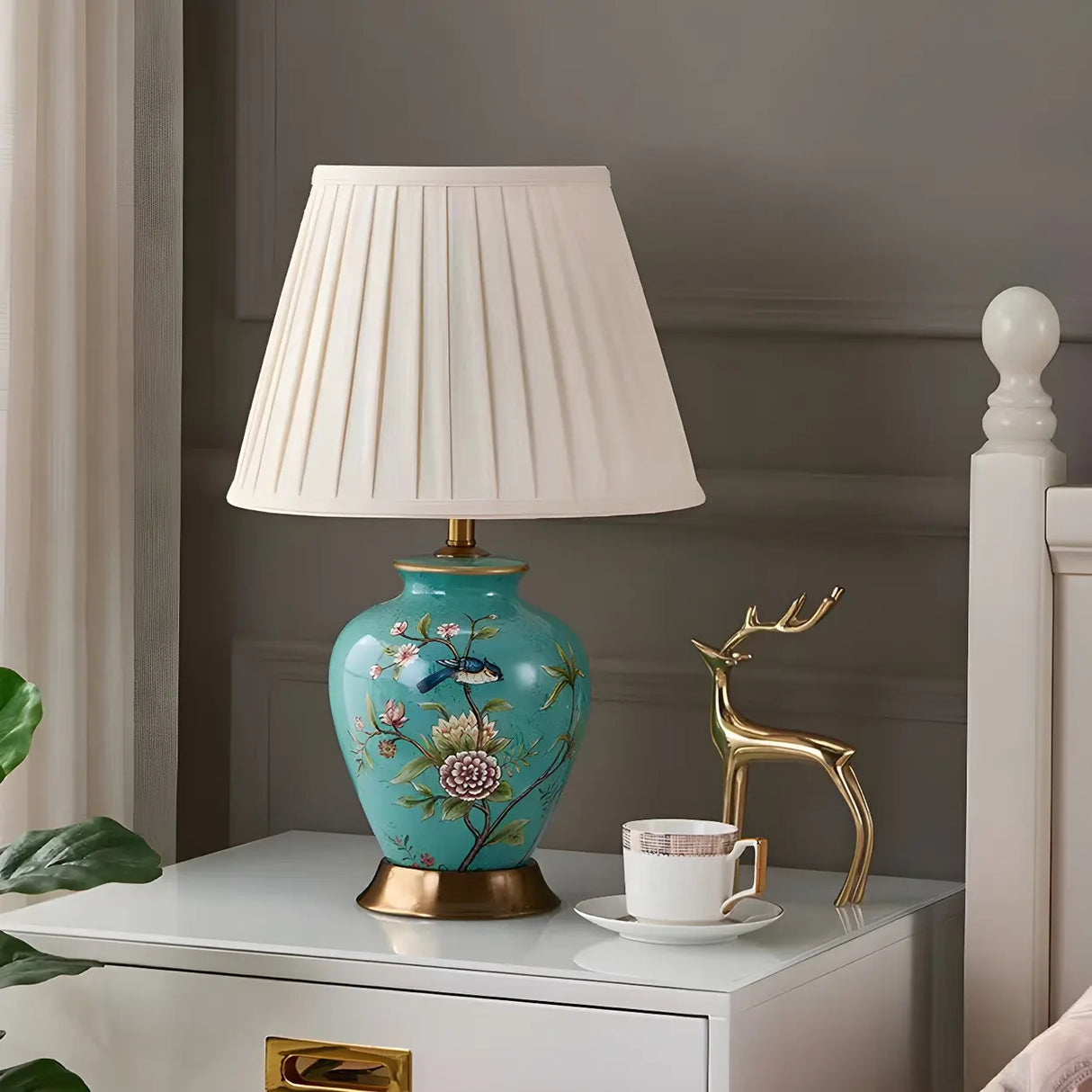 Elegant Pleated Fabric Floral Ceramic Base Table Lamp Image - 3