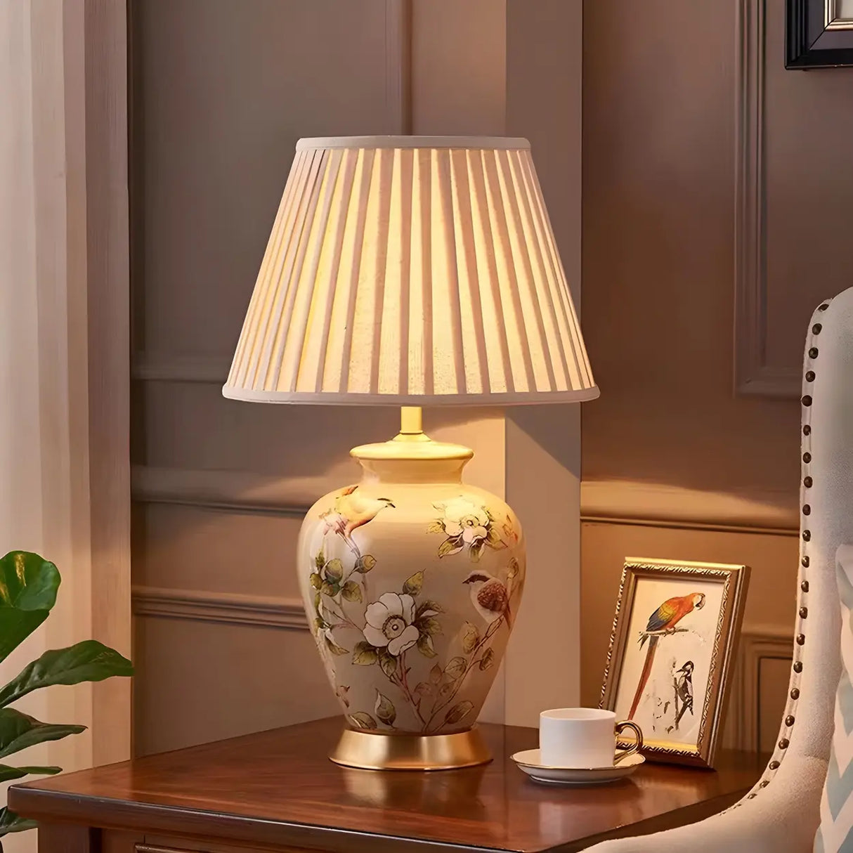 Elegant Pleated Fabric Floral Ceramic Base Table Lamp Image - 5