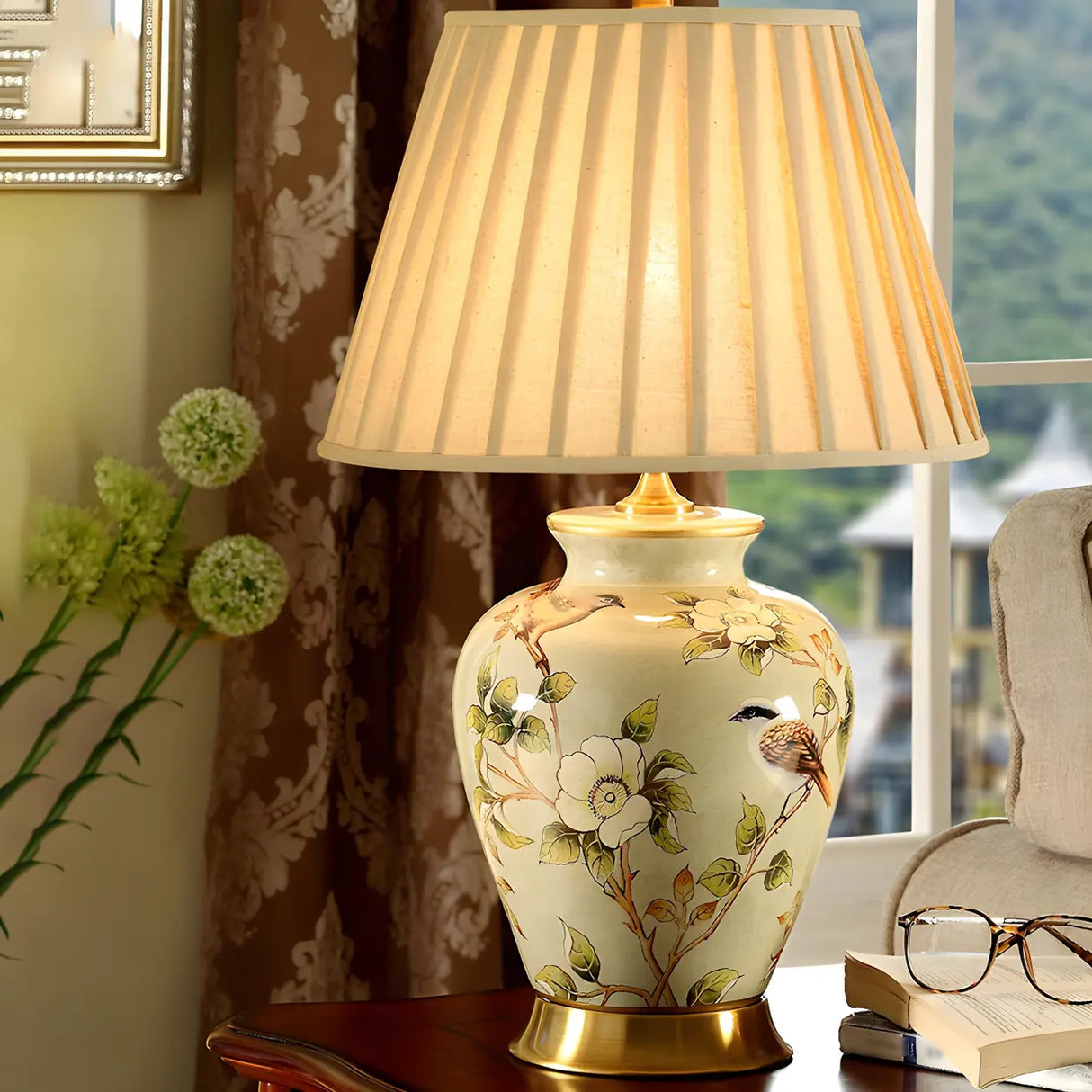Elegant Pleated Fabric Floral Ceramic Base Table Lamp Image - 7