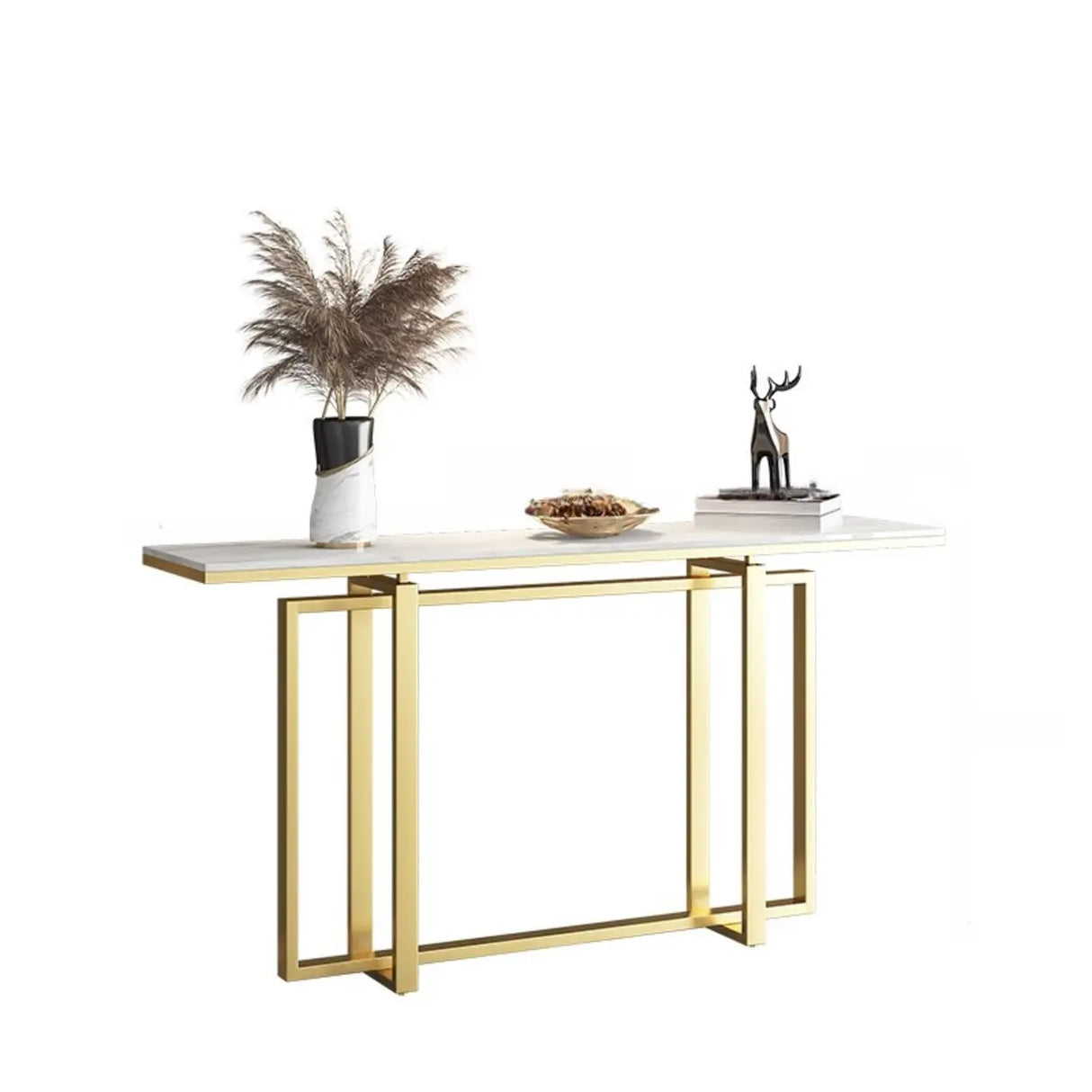 Elegant Rectangle Faux Marble Gold Trestle Console Table Image - 2