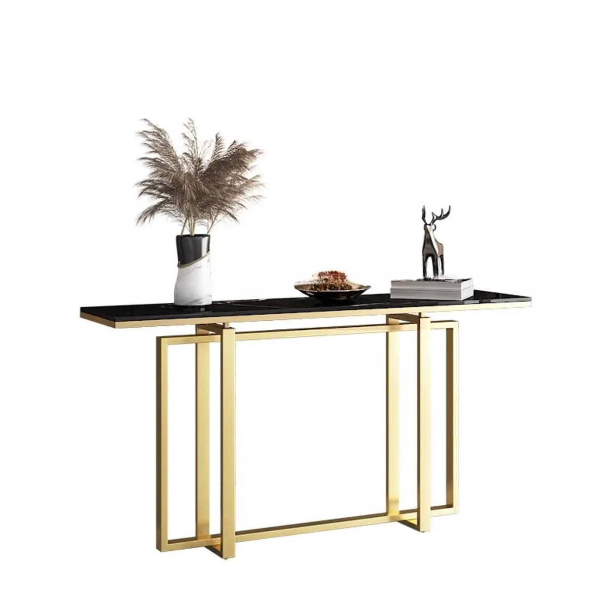 Elegant Rectangle Faux Marble Gold Trestle Console Table Image - 3
