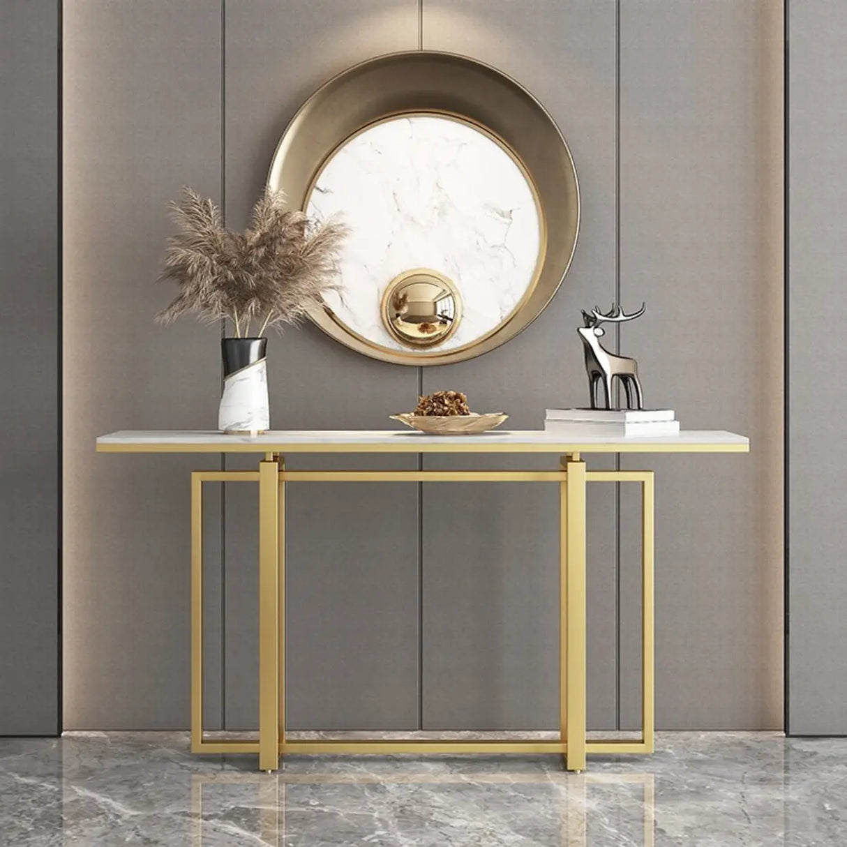 Elegant Rectangle Faux Marble Gold Trestle Console Table Image - 4