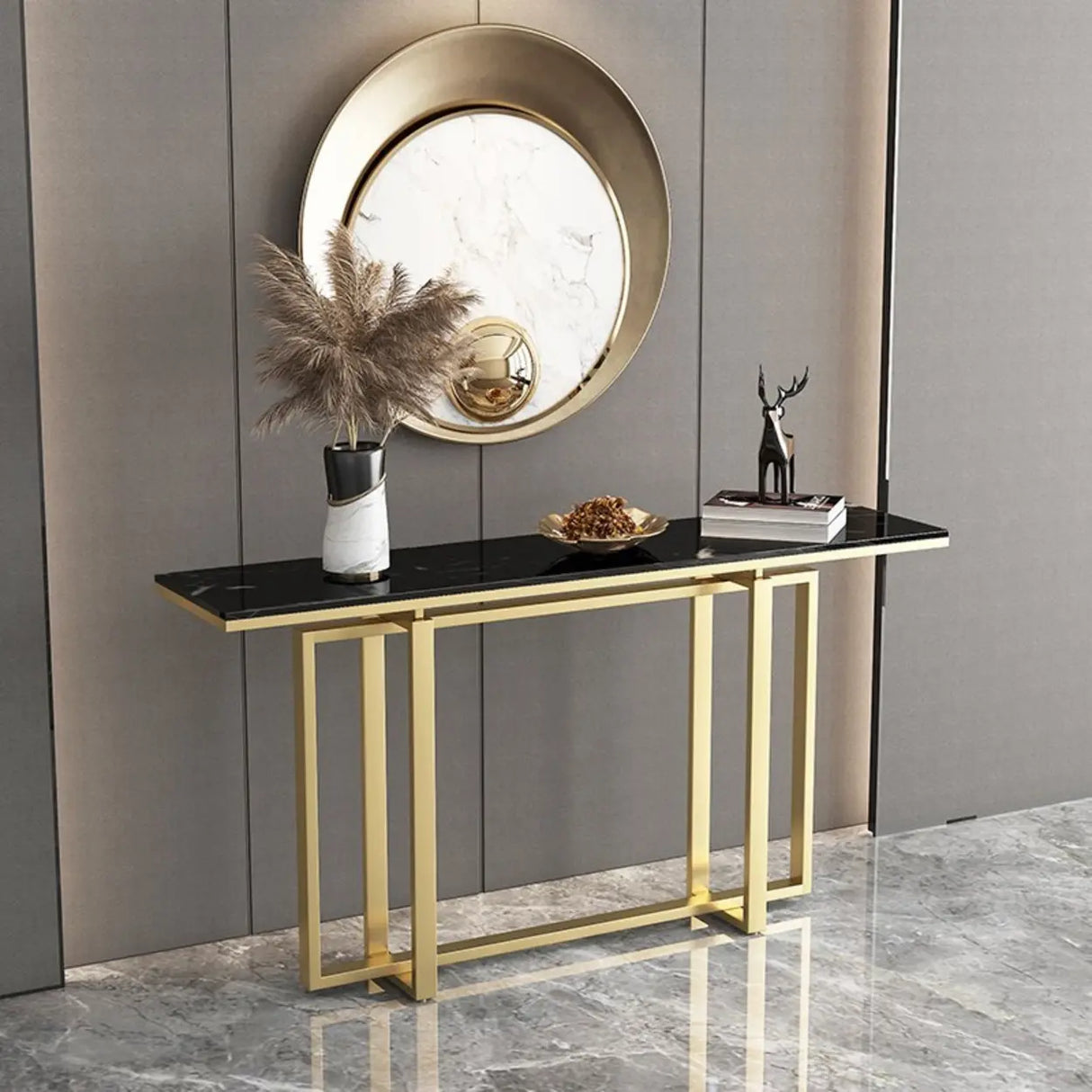 Elegant Rectangle Faux Marble Gold Trestle Console Table Image - 5