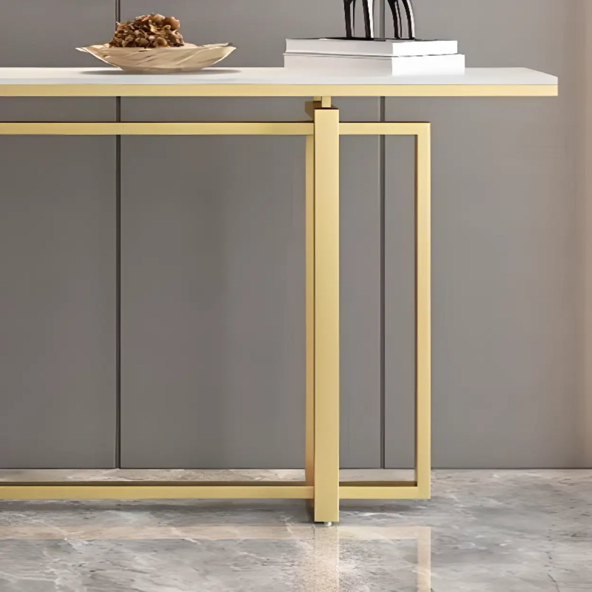 Elegant Rectangle Faux Marble Gold Trestle Console Table Image - 6