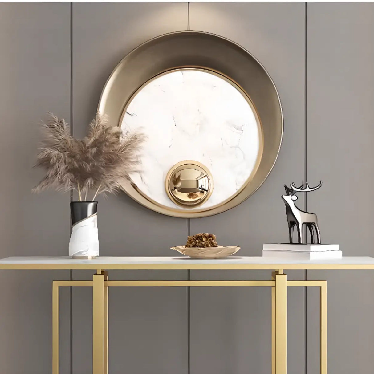 Elegant Rectangle Faux Marble Gold Trestle Console Table Image - 7