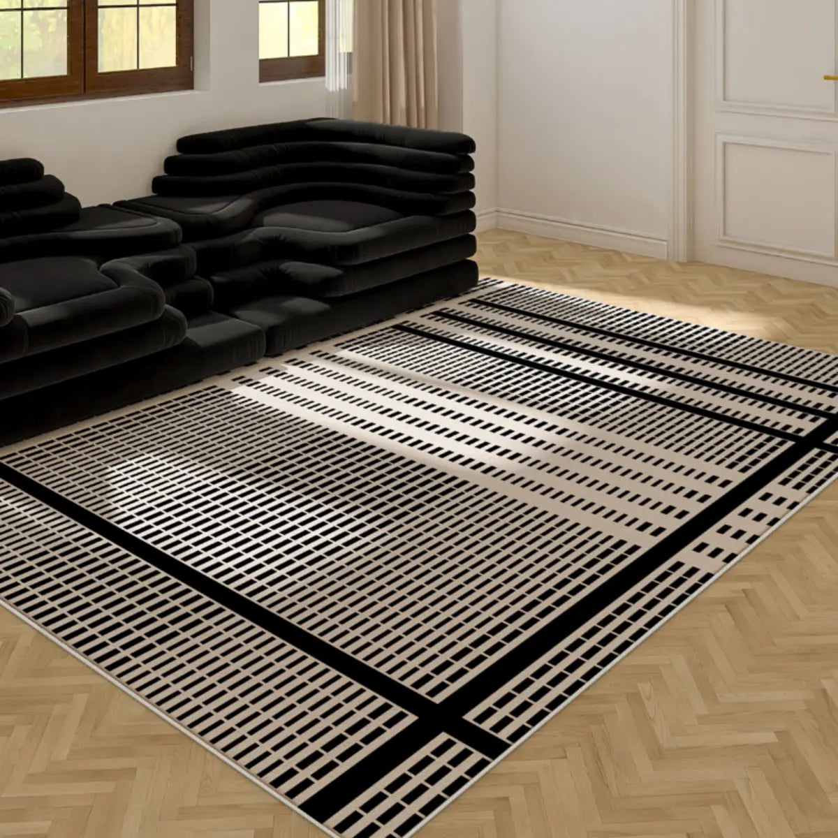 Elegant Rectangle Woven Black White Abstract Area Rug Image - 3