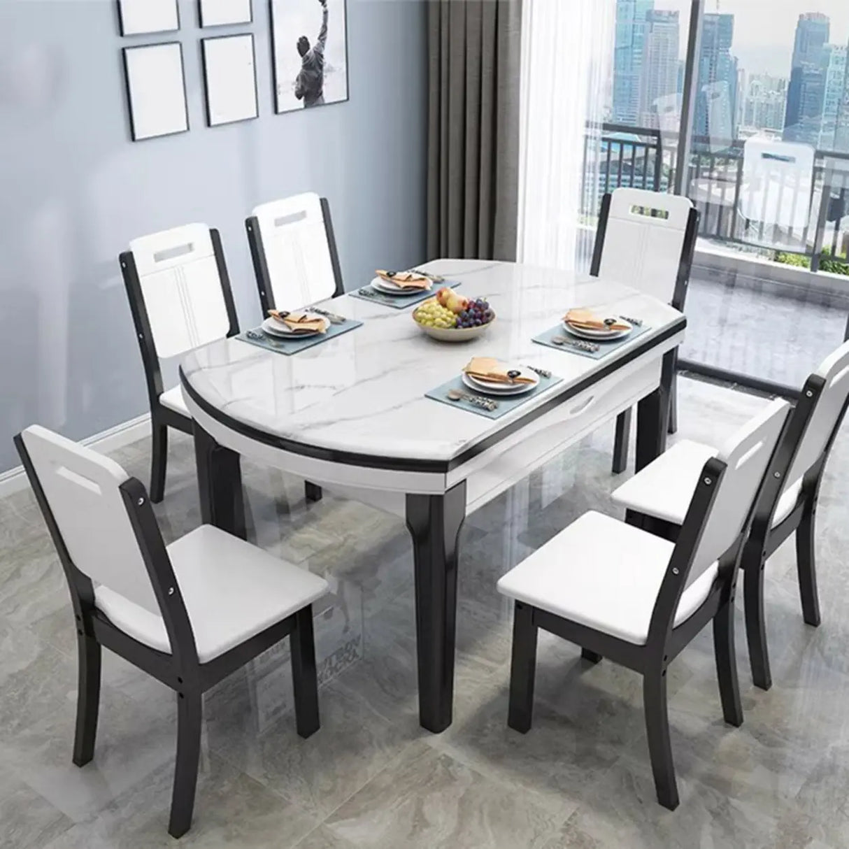 Elegant Rectangular Marble Dining Table White Extendable Image - 1